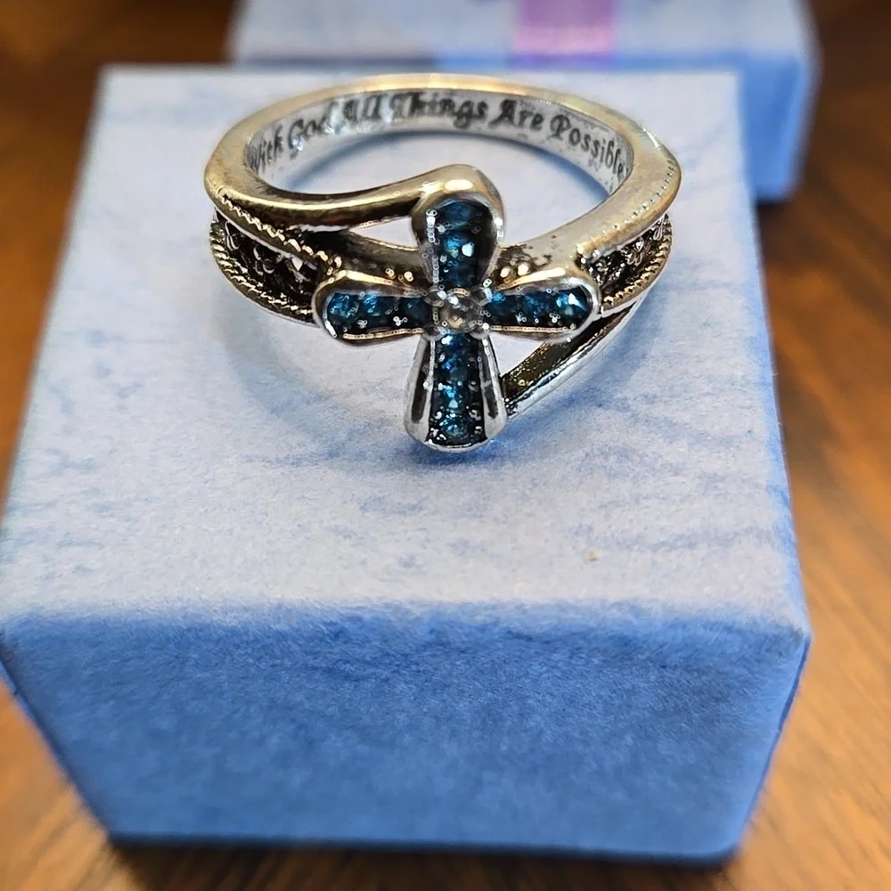 Blue Cubic Zirconia Cross Ring - Silver plated - Sparkling Gemstones Size 9